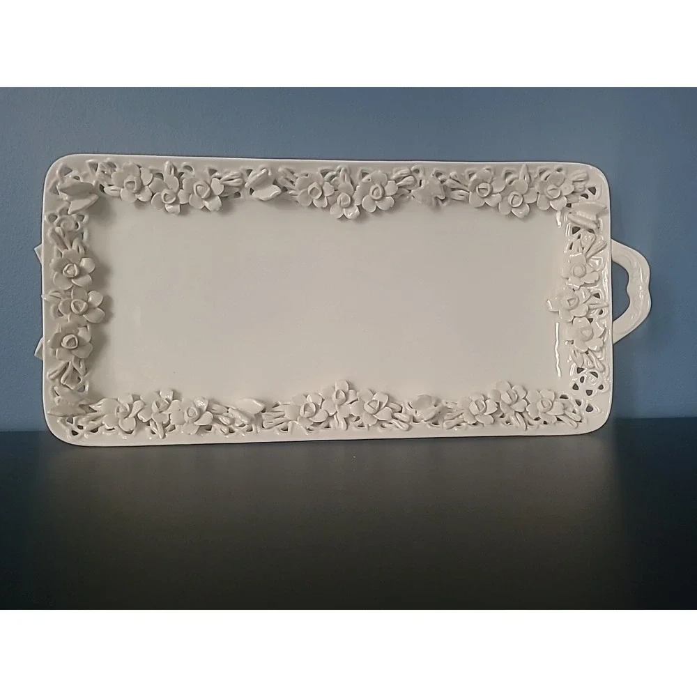 Rosalie Peppertree Tabletops Fine Porcelain Ivory Floral Platter Roses Butterfly